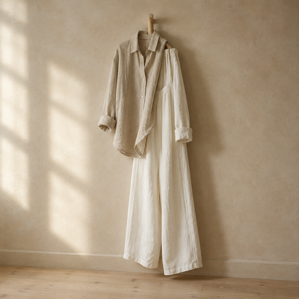 Oat linen shirt and ivory wide-leg trousers hanging on a timber peg