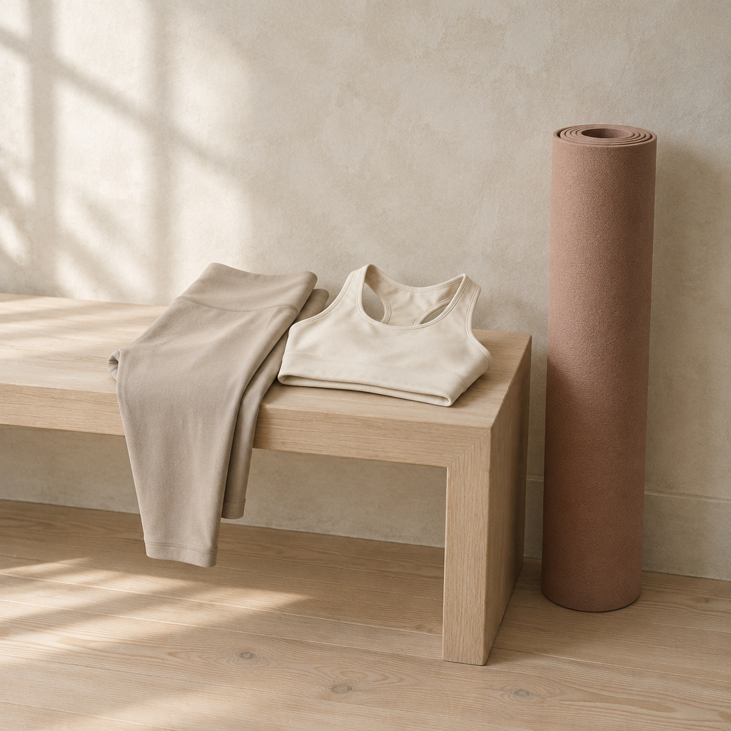 Oat leggings and ivory sports bra on a timber bench