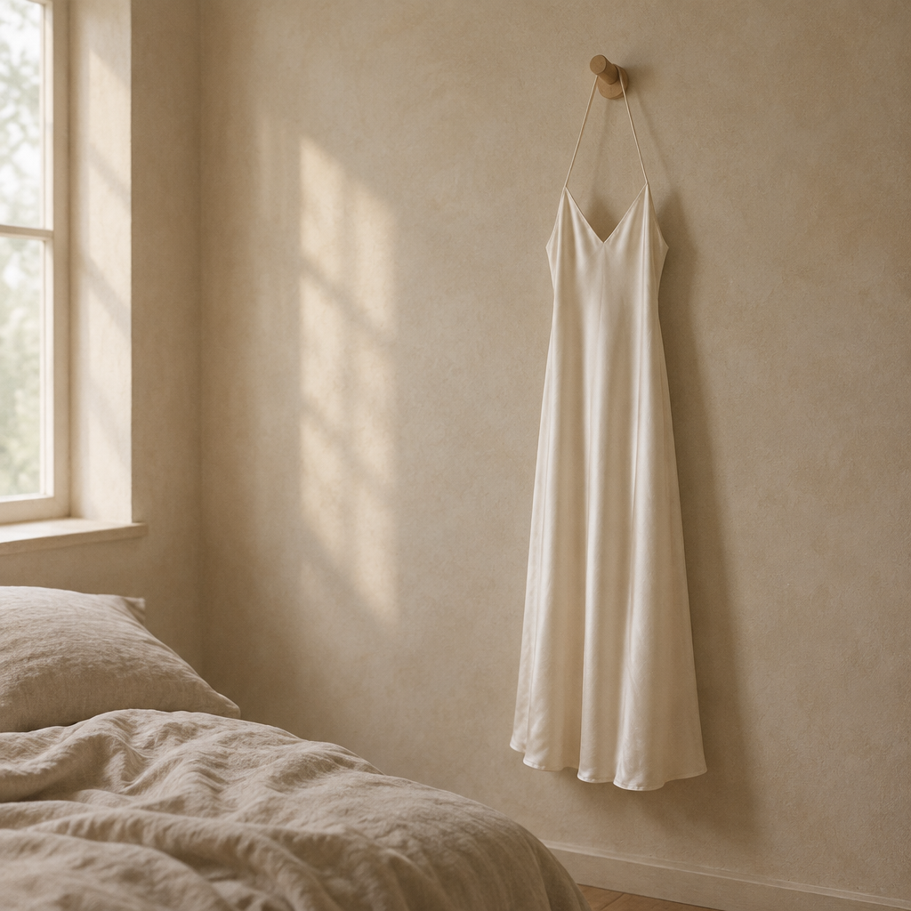 Ivory silk slip hanging in morning light