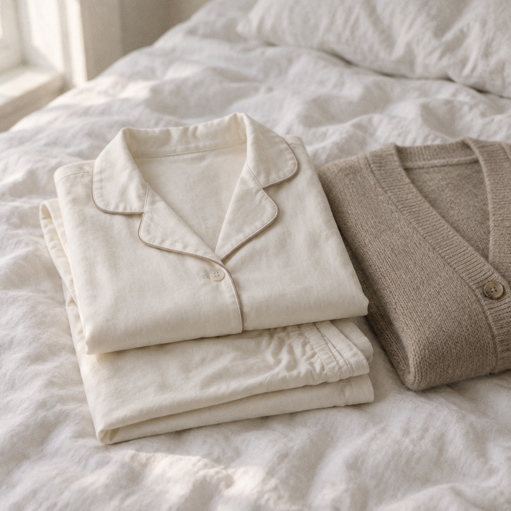 Ivory pyjama set and oat cardigan folded on linen bedding