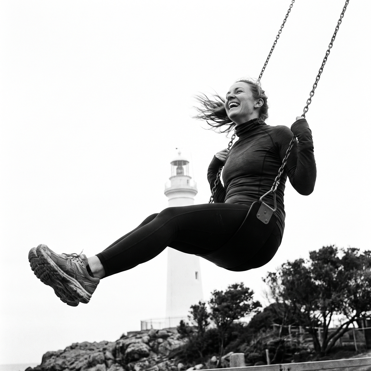 Sport: black and white film photograph, woman in athletic top and leggings mid-swing outdoors