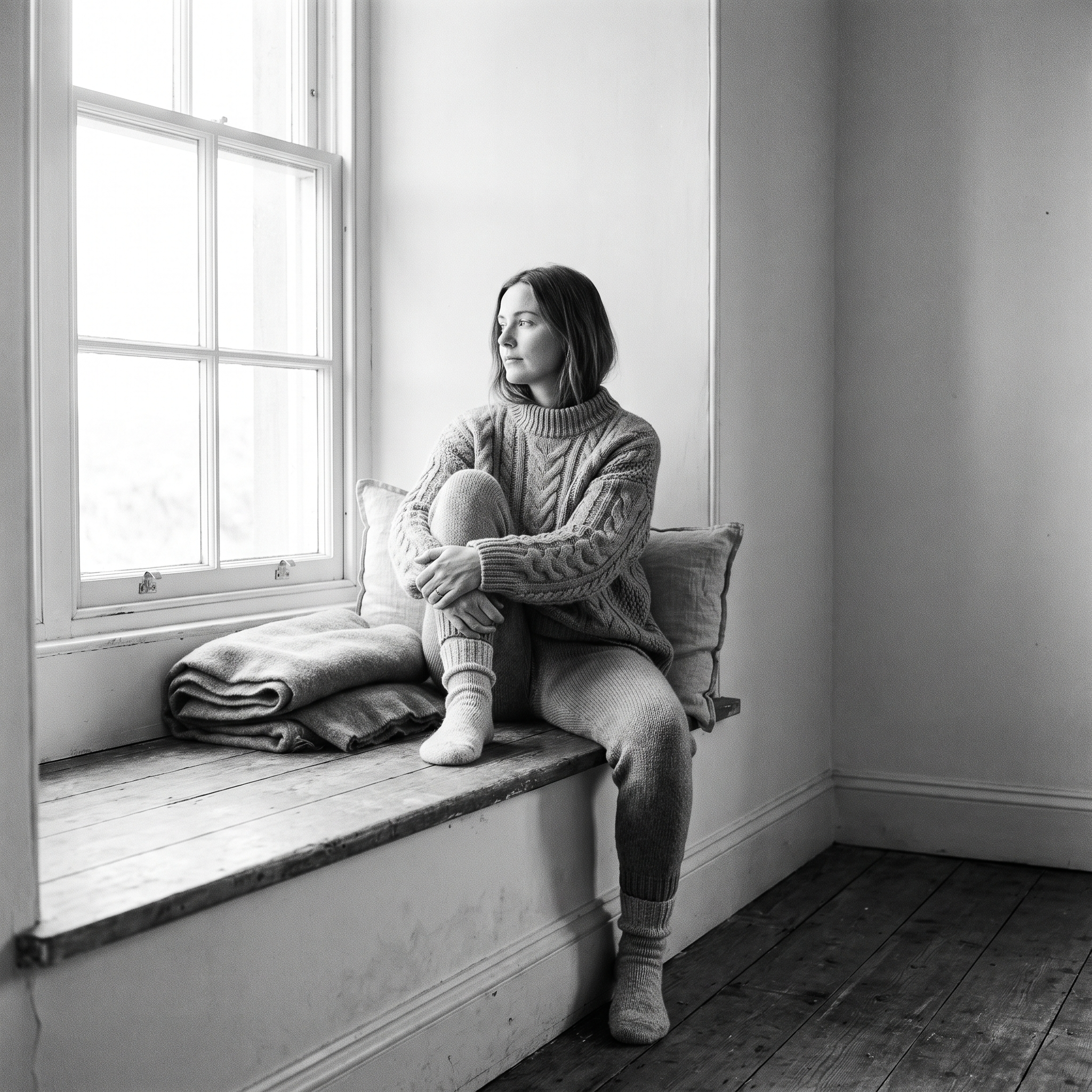 Lounge and Sleep: black and white film photograph, woman in a knit lounge set resting on a window seat