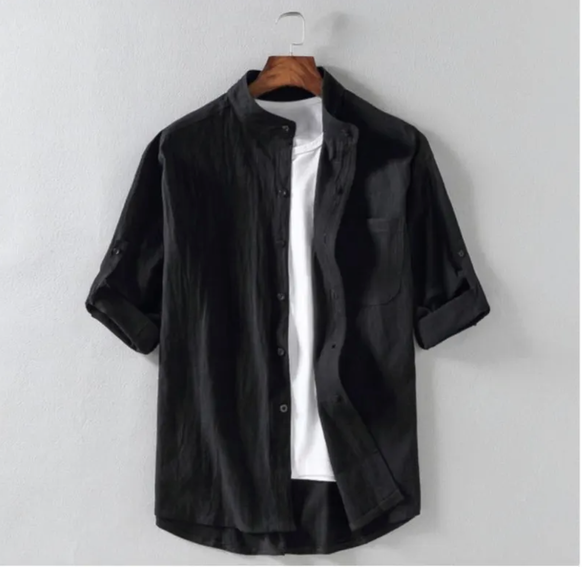 Blanket · NW SH-21 — Relaxed Linen-Blend Band-Collar Shirt