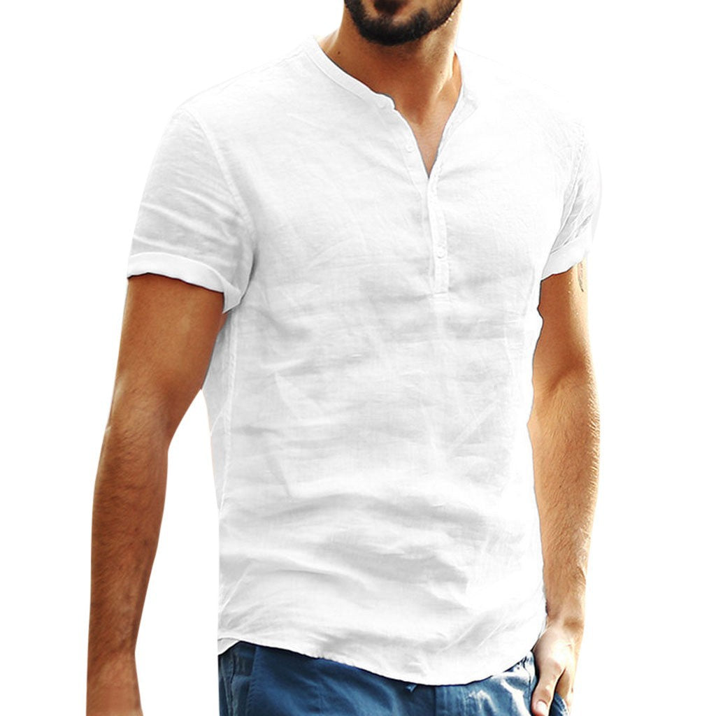 Stevensons · NW SH-28 — Cotton-Linen Short-Sleeve Band-Collar Shirt