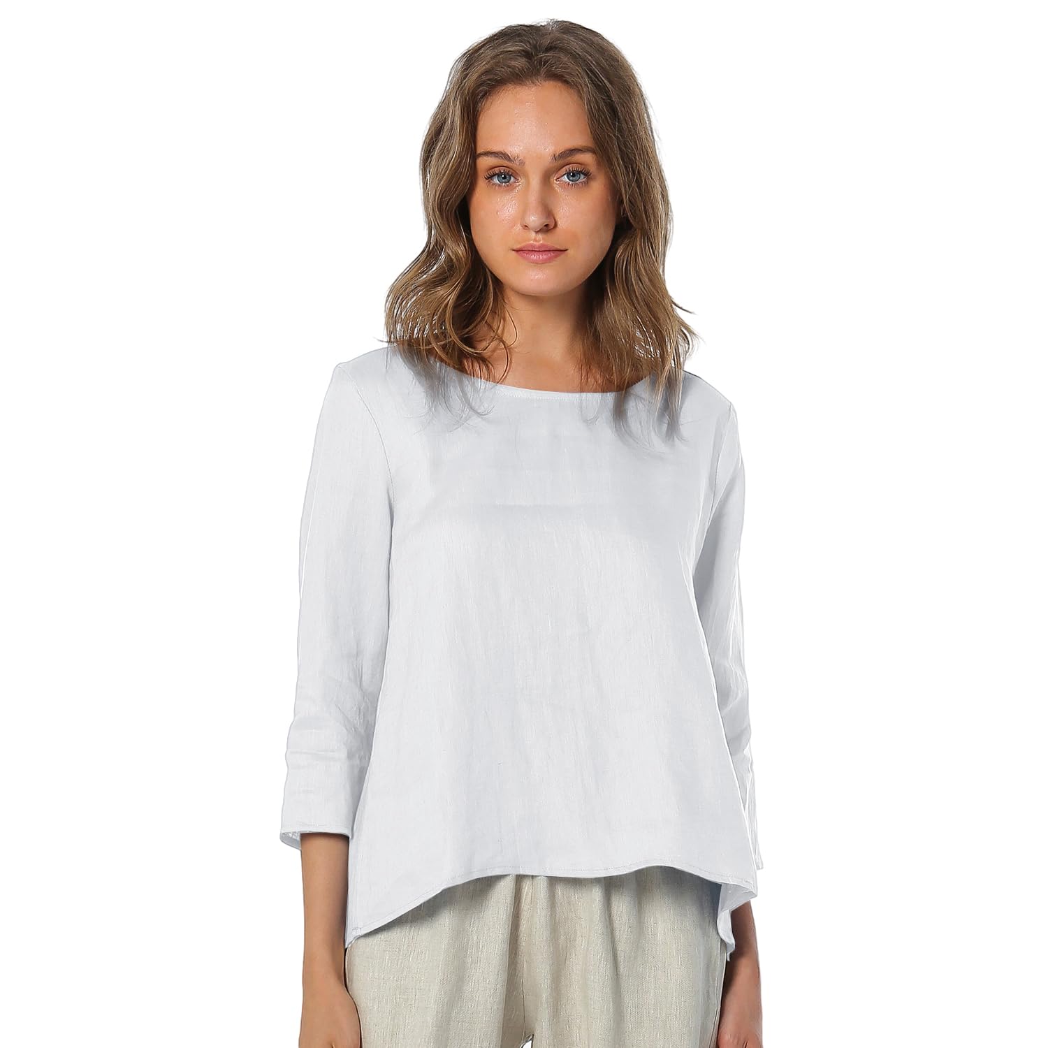 Blanc · NW LN-06 — crew-neck pure linen blouse