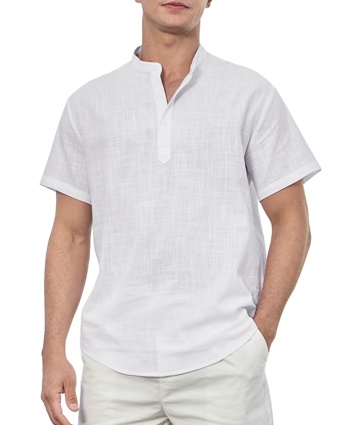 Ivory · NW LN-03 — band-collar cotton-linen henley