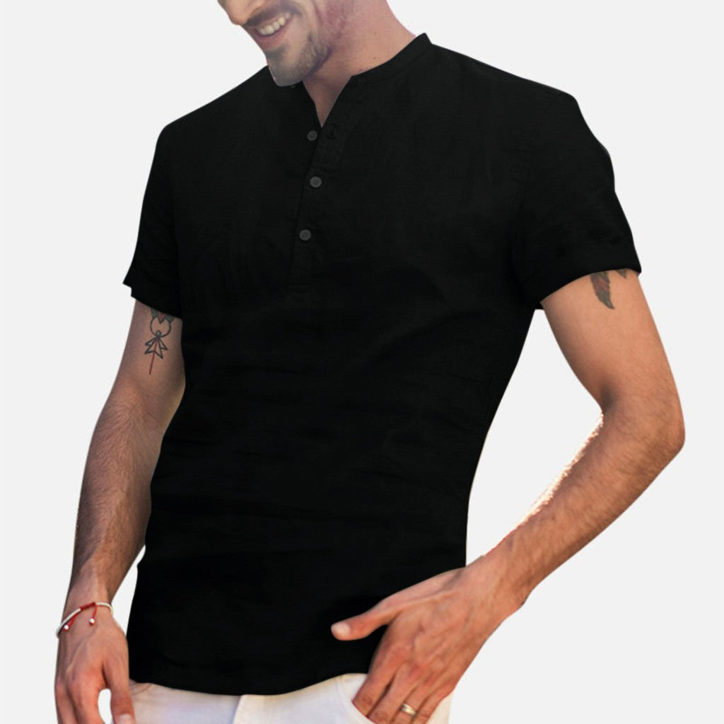 Stevensons — Cotton-Linen Short-Sleeve Band-Collar Shirt