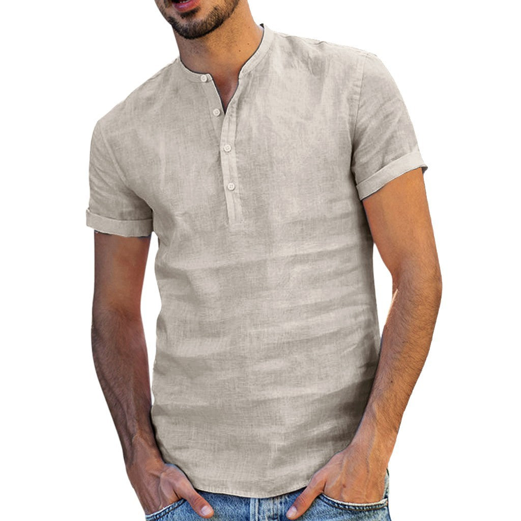 Stevensons — Cotton-Linen Short-Sleeve Band-Collar Shirt