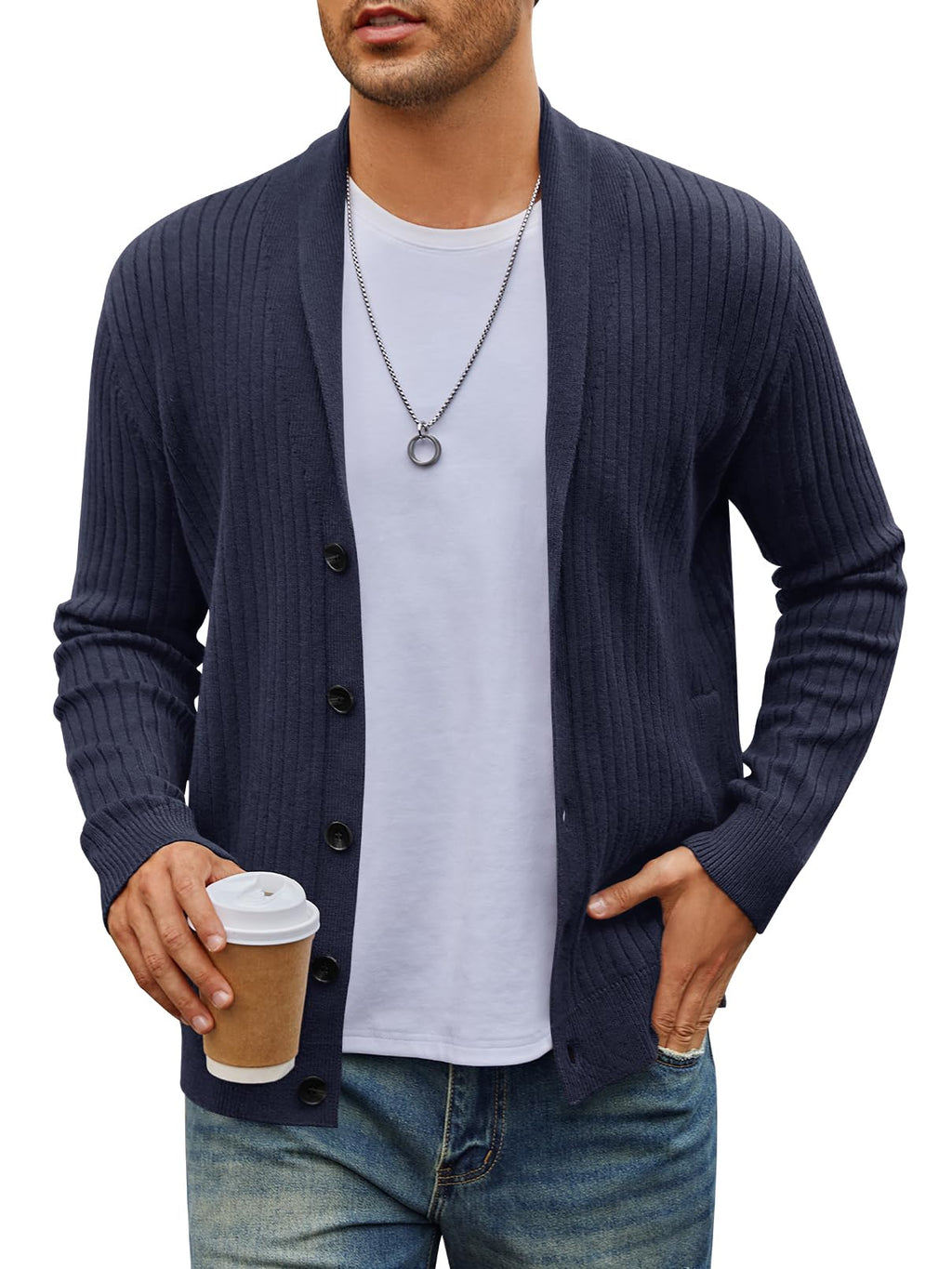 Basalt · NW CD-02 — ribbed shawl-collar cardigan