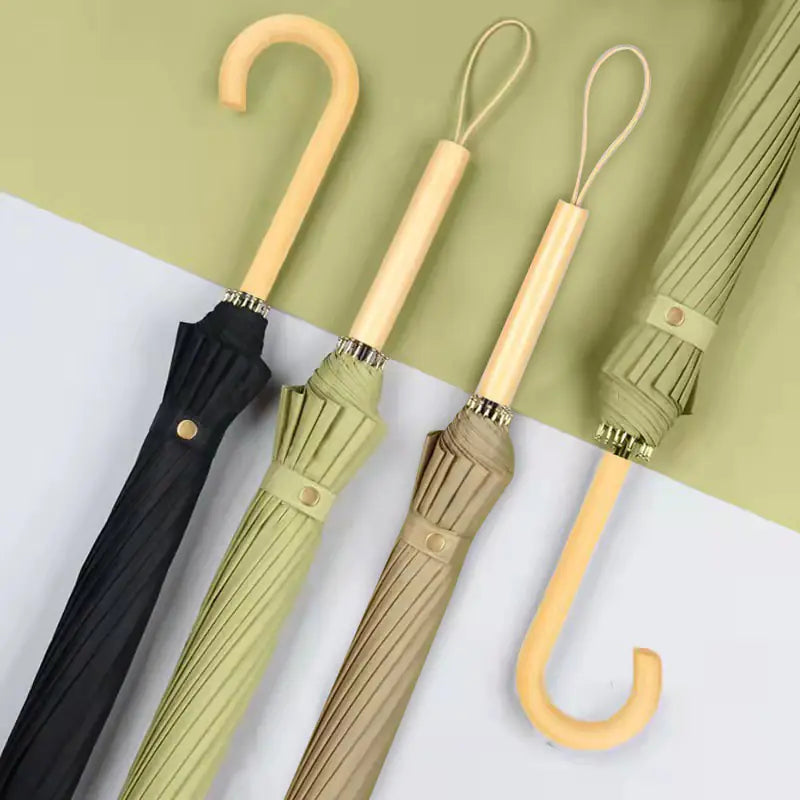 Sixteen-Rib Stick Umbrella — Wooden Handle