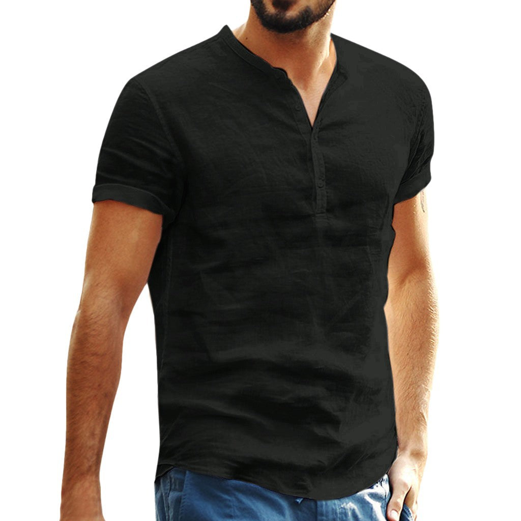 Stevensons · NW SH-28 — Cotton-Linen Short-Sleeve Band-Collar Shirt