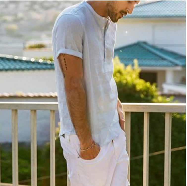 Stevensons — Cotton-Linen Short-Sleeve Band-Collar Shirt