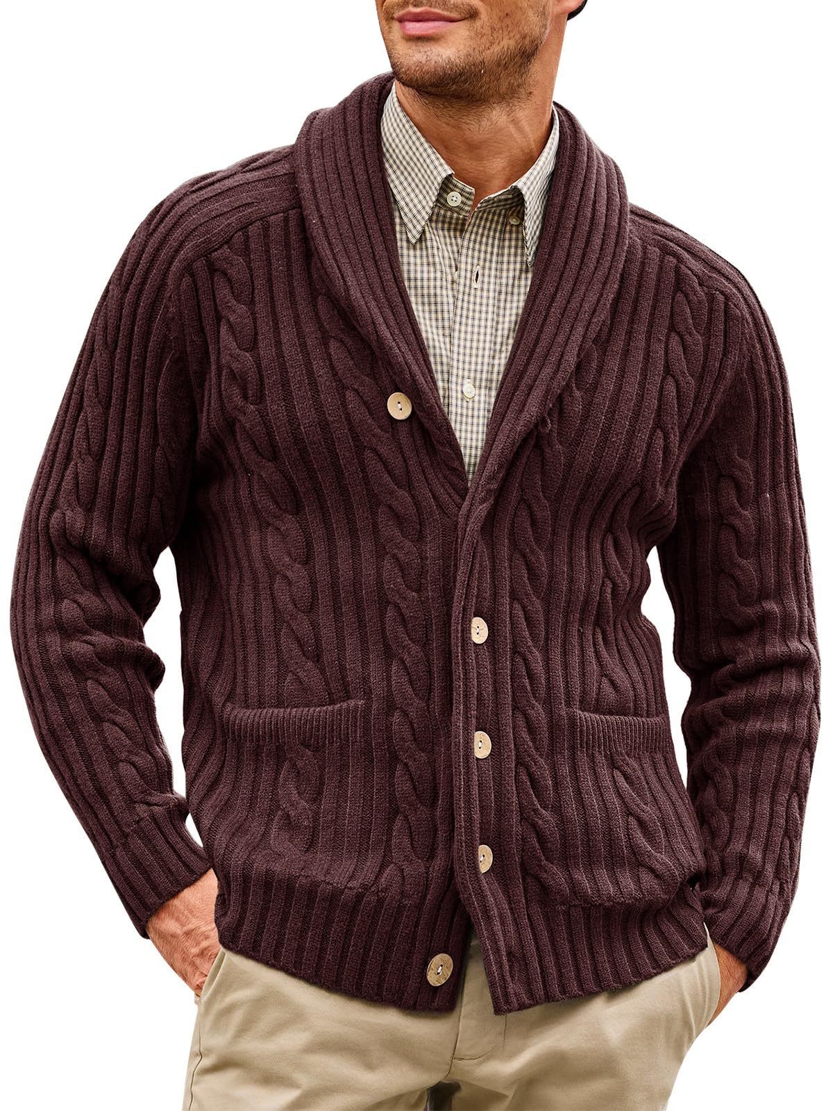 Chestnut · NW CW-C17 — cable shawl cardigan
