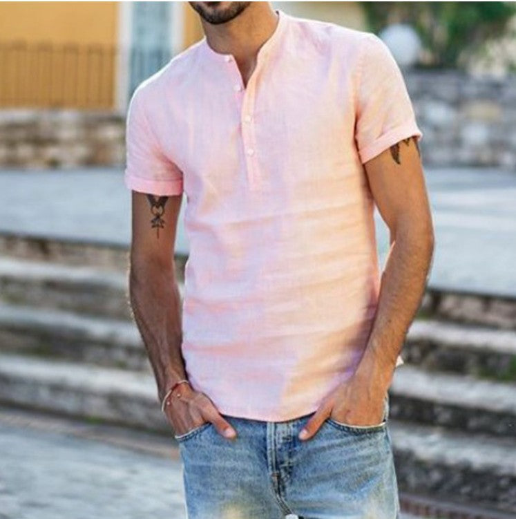 Stevensons — Cotton-Linen Short-Sleeve Band-Collar Shirt