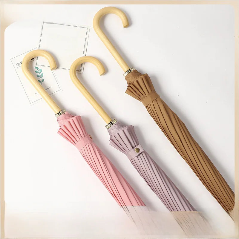 Sixteen-Rib Stick Umbrella — Wooden Handle