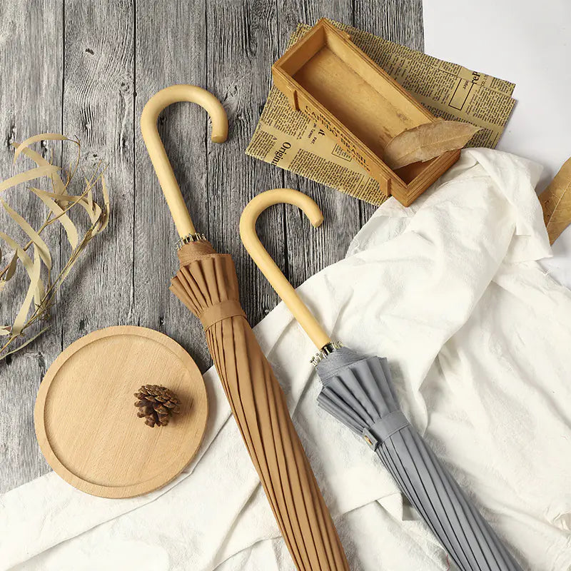 Sixteen-Rib Stick Umbrella — Wooden Handle