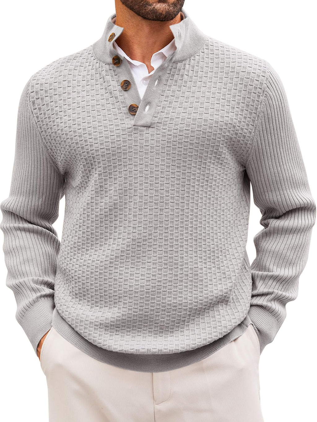 Mist · NW CW-C24 — waffle mock-neck henley