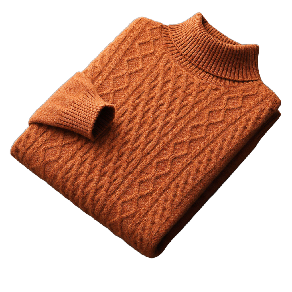 Aran NW 03-02 cable-knit high-neck, Caramel, on white
