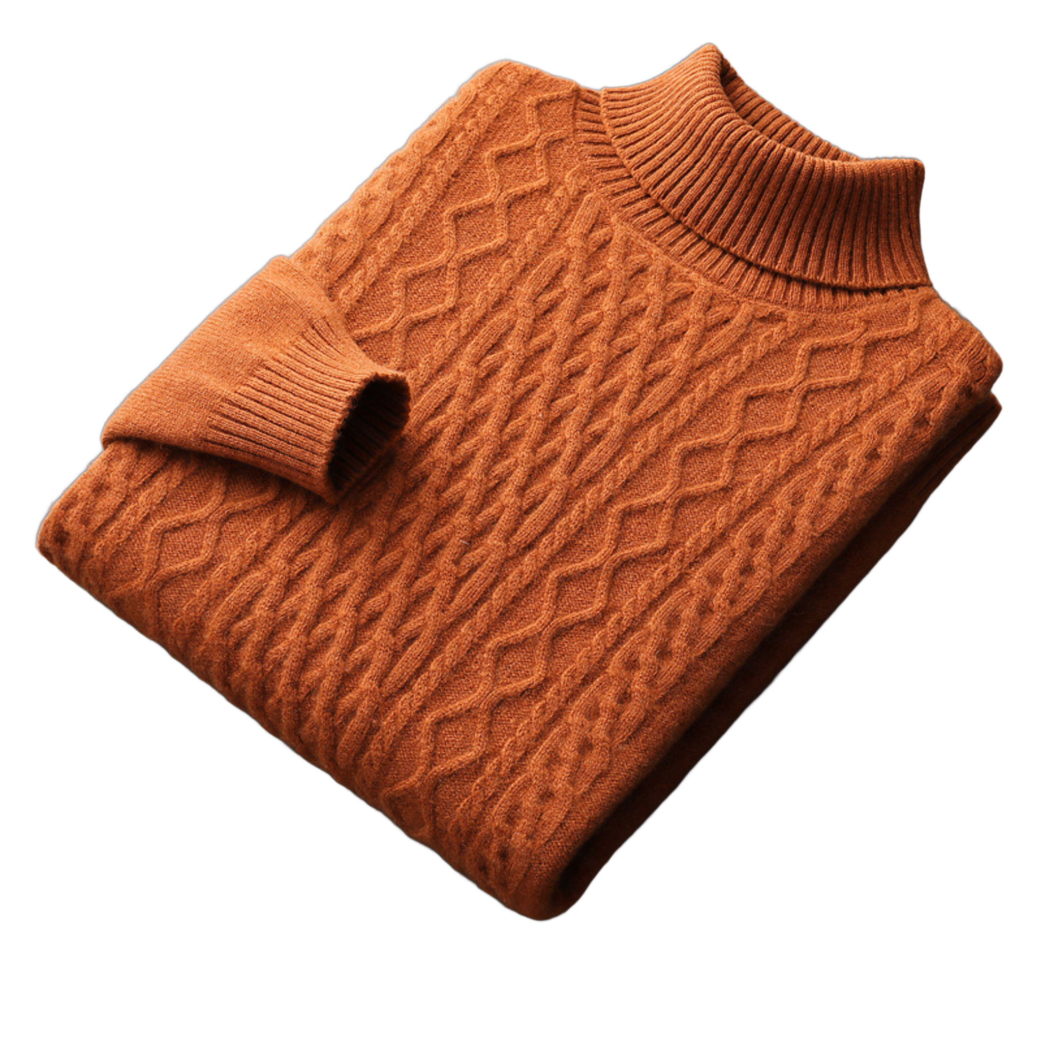 Aran NW 03-02 cable-knit high-neck, Caramel, on white