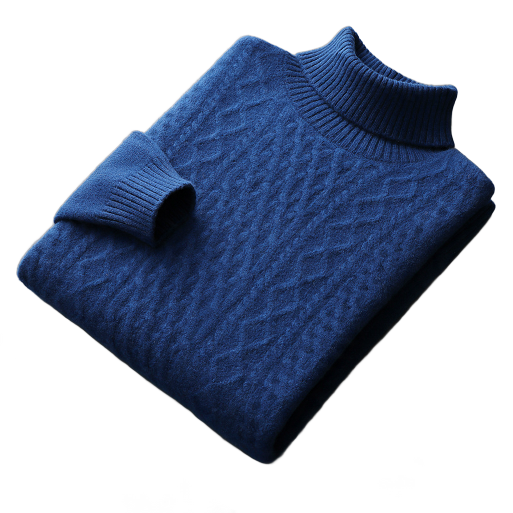 Aran NW 03-02 cable-knit high-neck, Noble Blue, on white