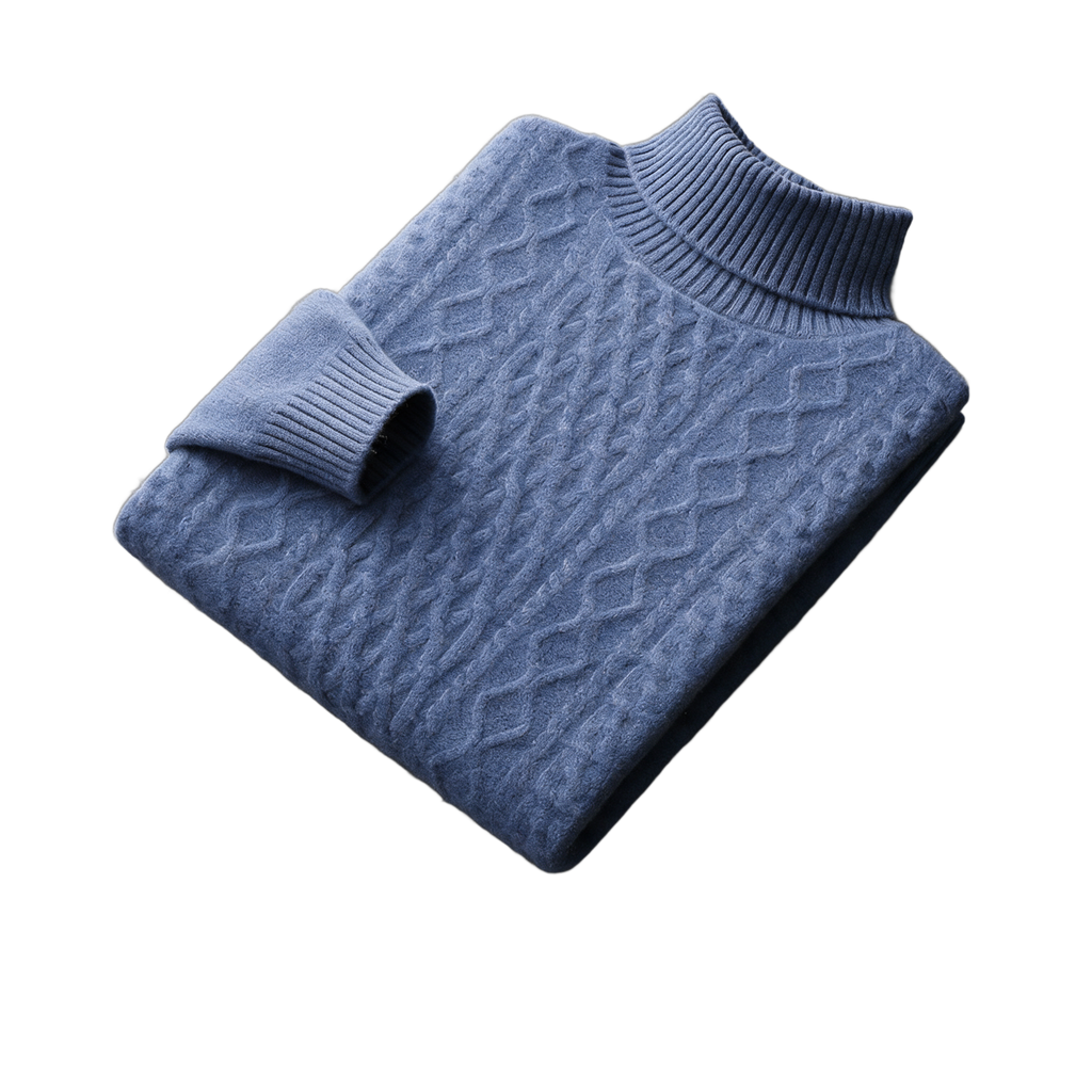 Aran NW 03-02 cable-knit high-neck, Seaweed Blue, on white