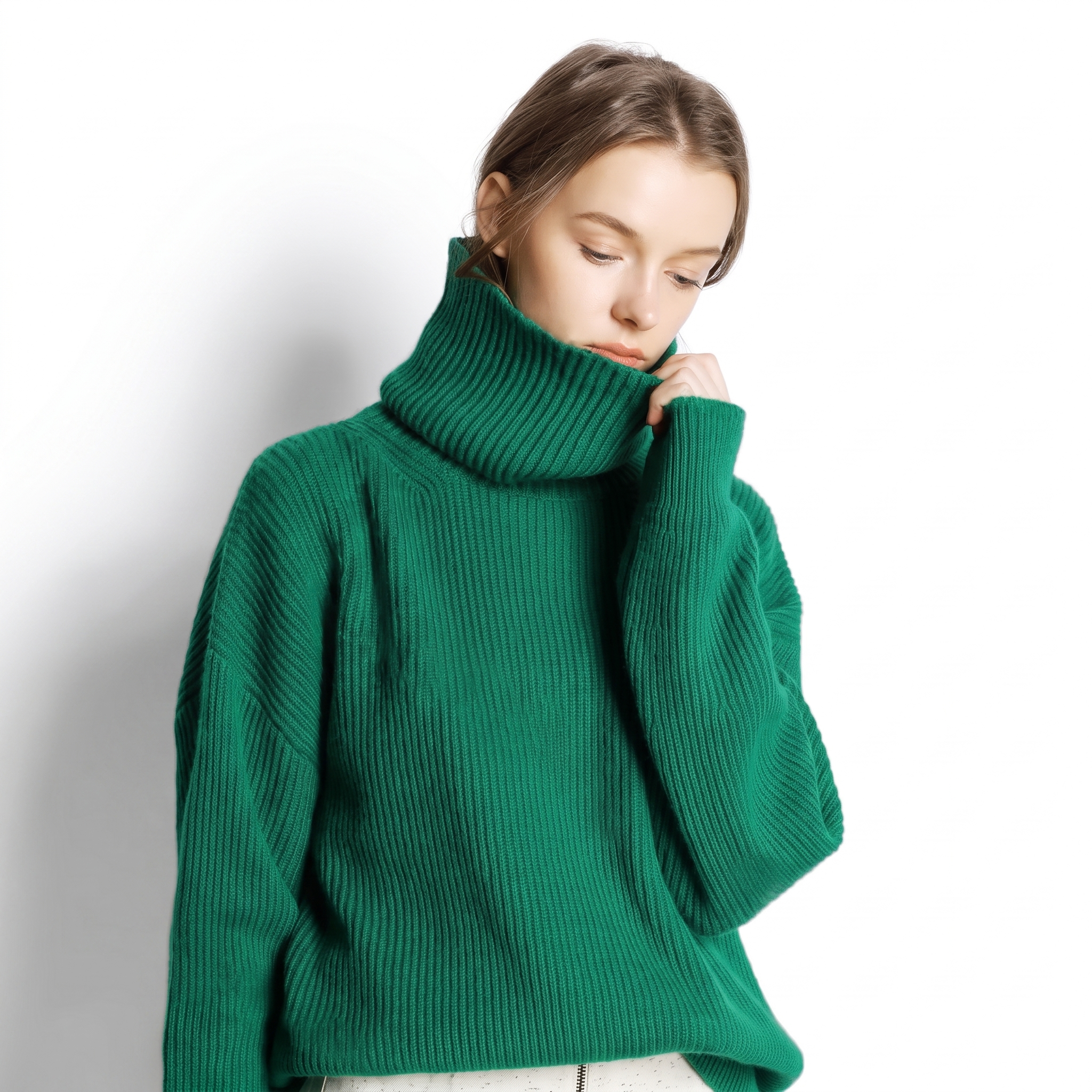 Fjord NW CA-15 Women's Turtleneck Cashmere, emerald green, on white