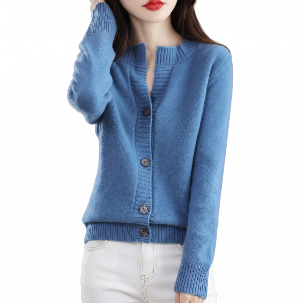 Birch NW CA-23 Women's Cashmere-Wool Cardigan, blue, on white