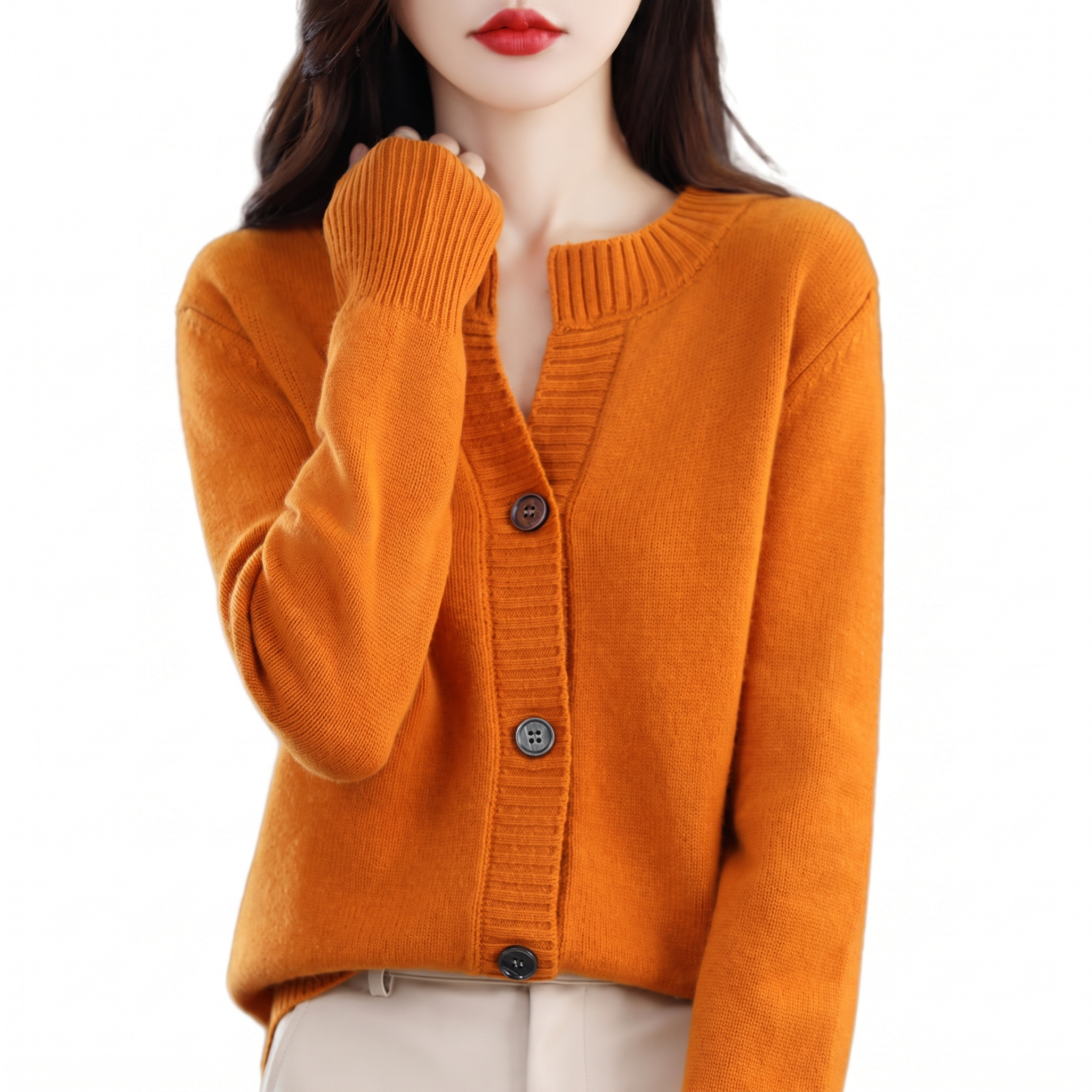 Birch NW CA-23 Women's Cashmere-Wool Cardigan, burnt orange, on white