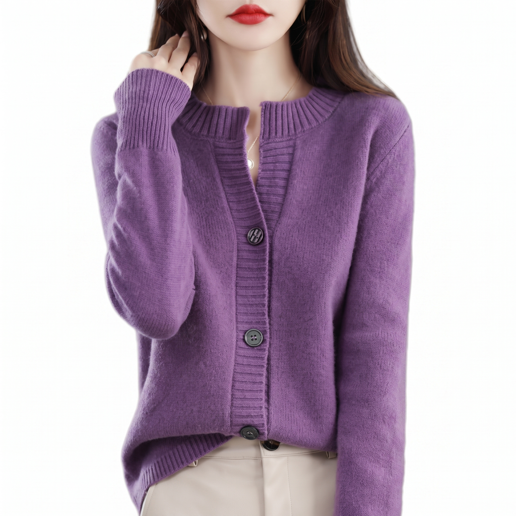 Birch NW CA-23 Women's Cashmere-Wool Cardigan, purple, on white