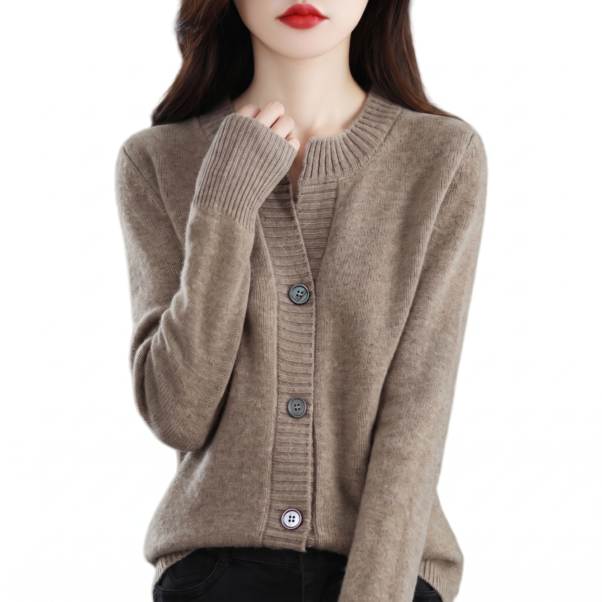 Birch NW CA-23 Women's Cashmere-Wool Cardigan, taupe, on white