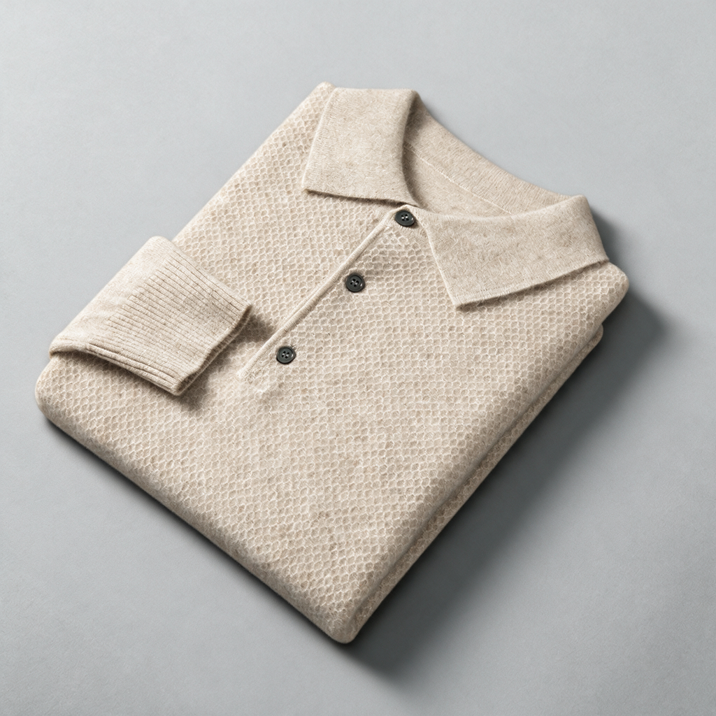 Fell NW CA-68 cashmere knit polo, beige, clean studio ground
