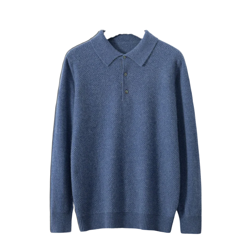 Fell NW CA-68 cashmere knit polo, blue, on white