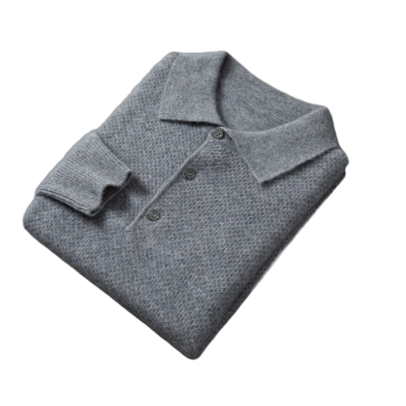 Fell NW CA-68 cashmere knit polo, grey, on white
