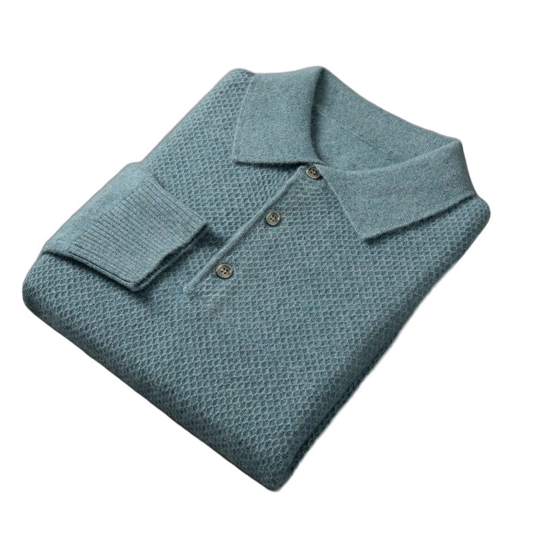 Fell NW CA-68 cashmere knit polo, teal, on white