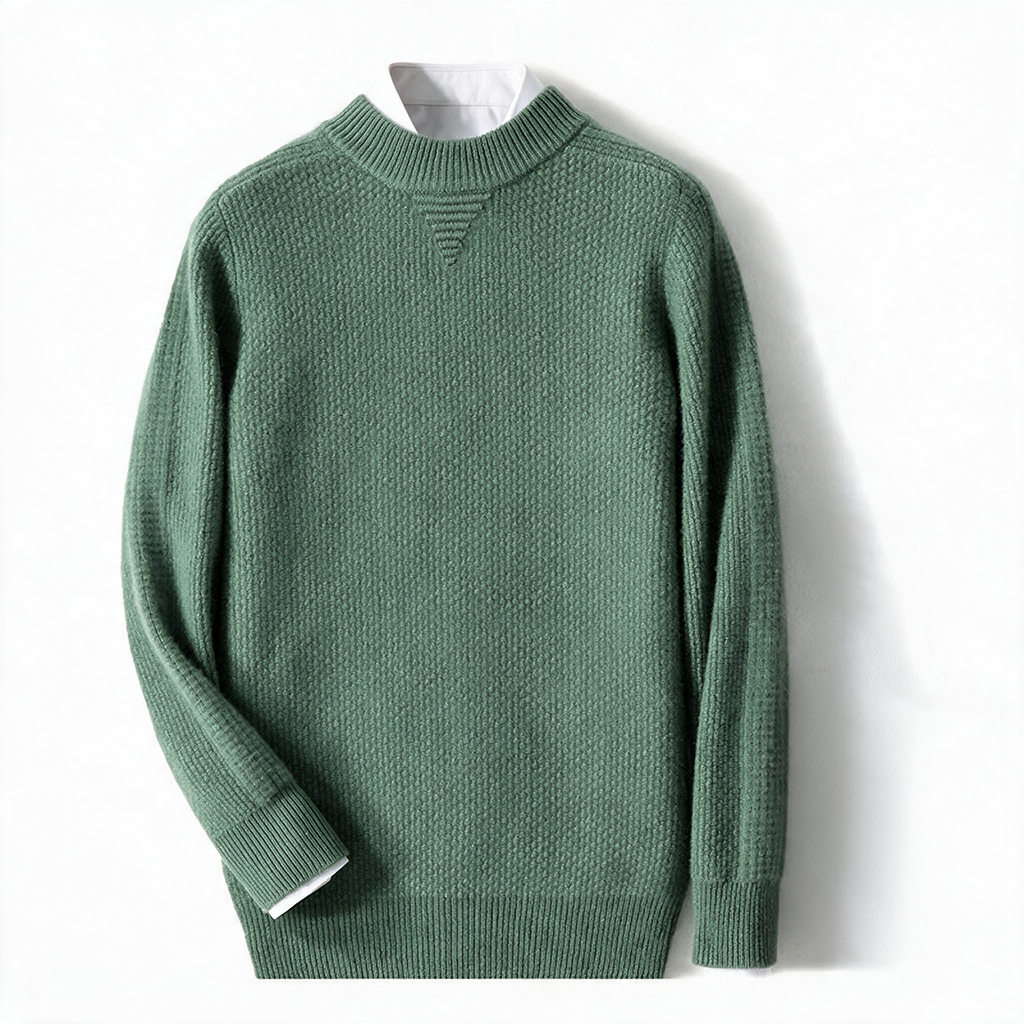 Bluff NW CA-35 men's half-collar cashmere knit, Bean Green, on white