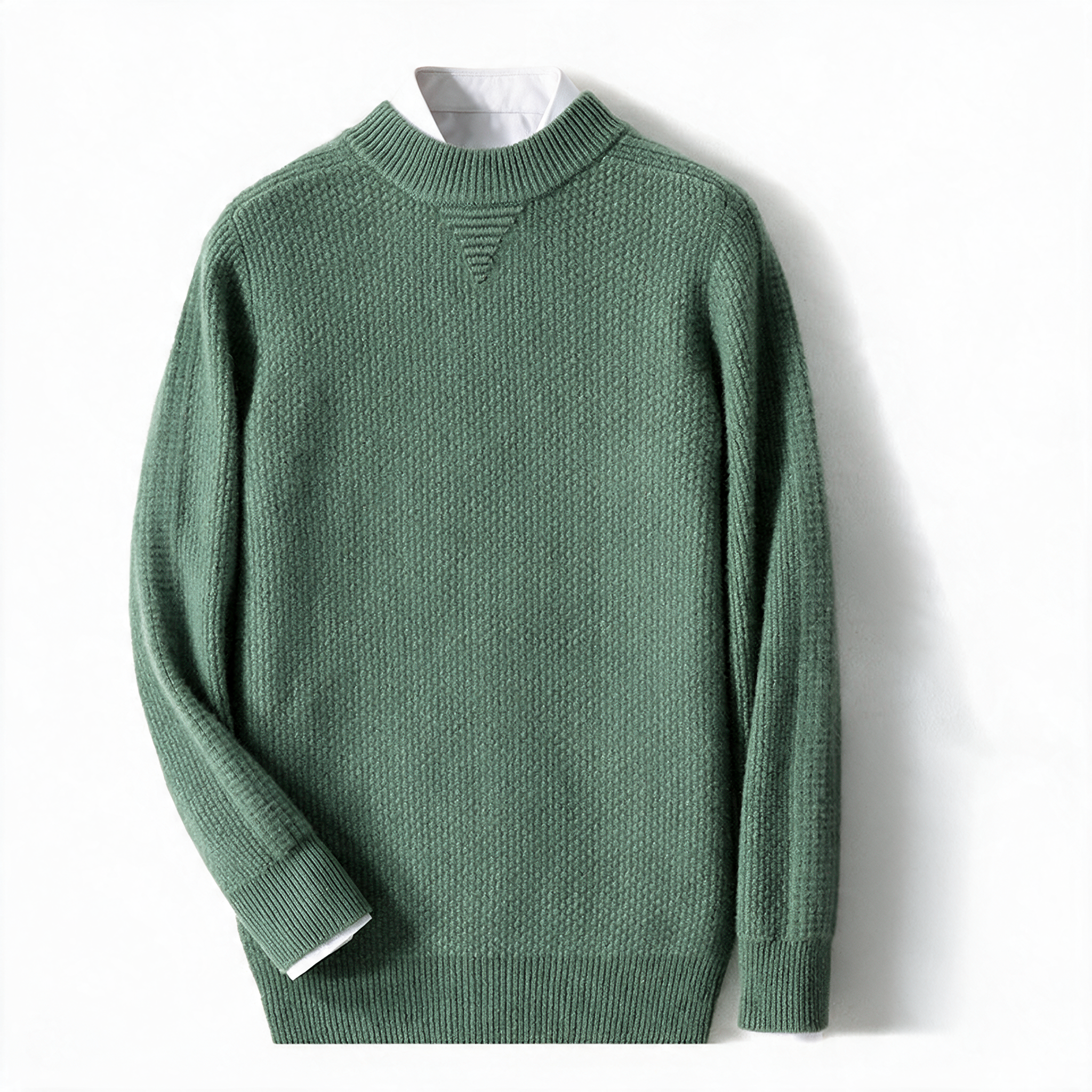 Bluff NW CA-35 men's half-collar cashmere knit, Bean Green, on white