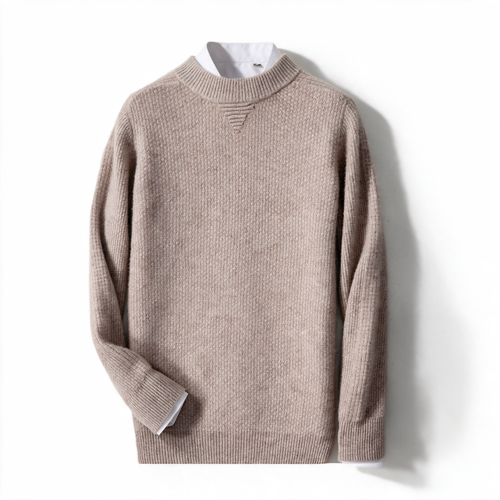Bluff NW CA-35 men's half-collar cashmere knit, Camel, on white