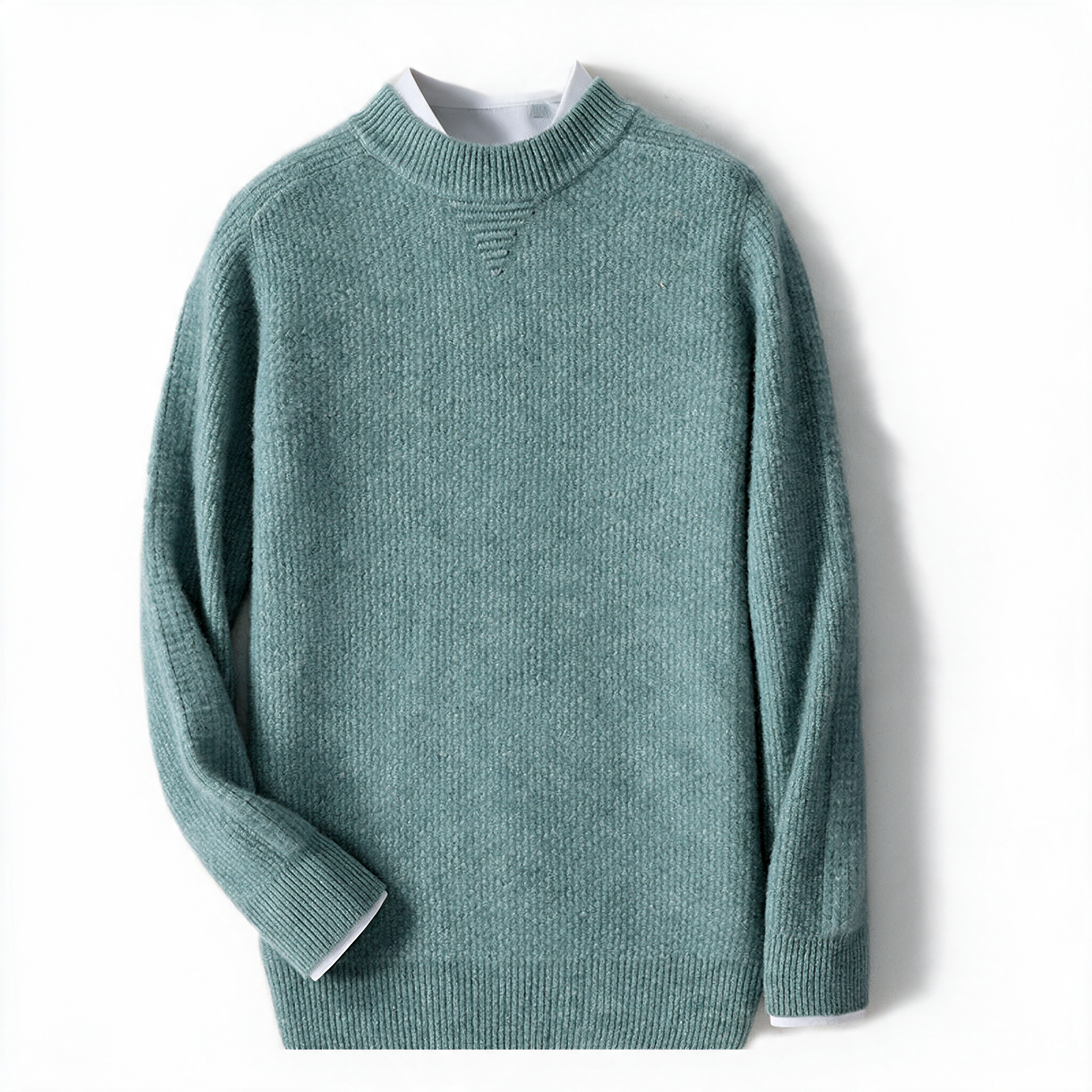 Bluff NW CA-35 men's half-collar cashmere knit, Wollastonite Green, on white