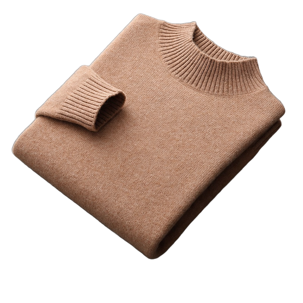 Bedrock NW CR-12 pure-wool mock-neck, Camel, on white