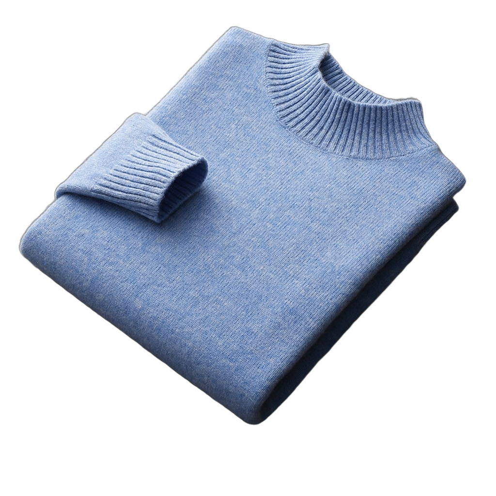 Bedrock NW CR-12 pure-wool mock-neck, Cloud Blue, on white