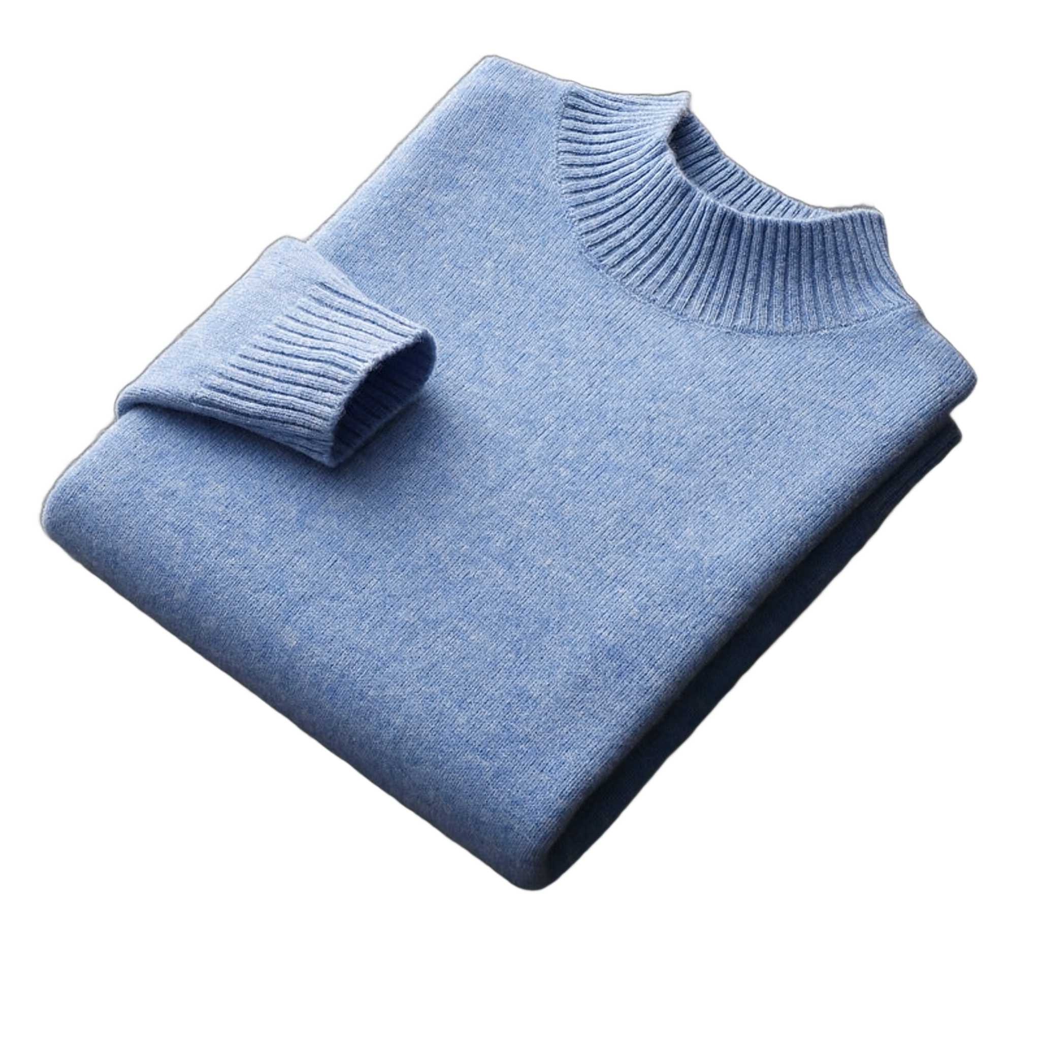 Bedrock NW CR-12 pure-wool mock-neck, Cloud Blue, on white