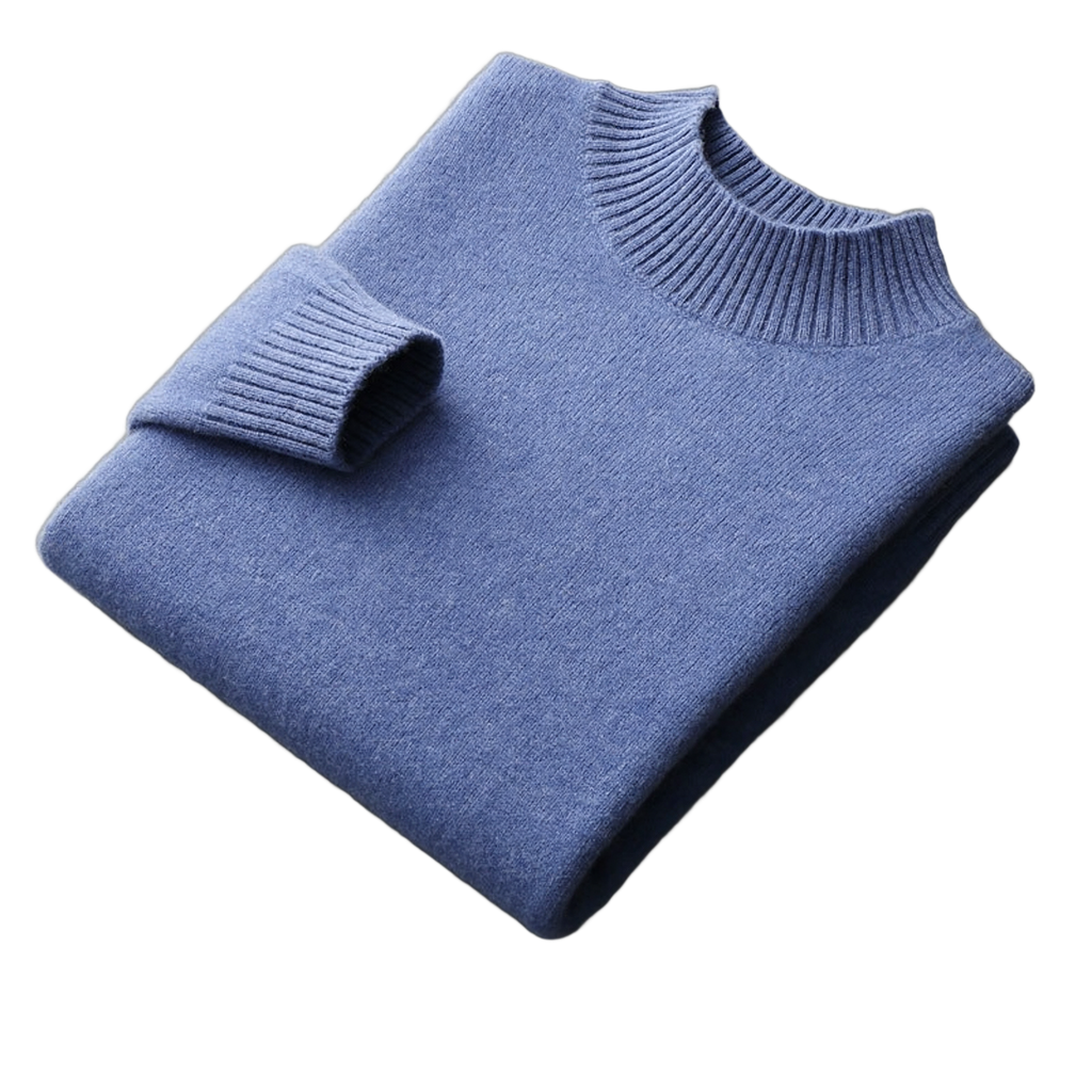 Bedrock NW CR-12 pure-wool mock-neck, Denim Blue, on white