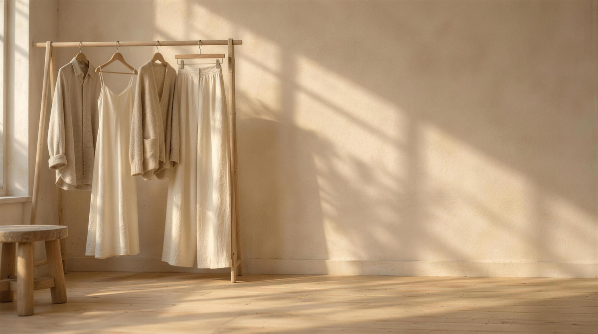 Linen shirt, silk slip, knit cardigan and linen trousers on a timber rail in warm morning light