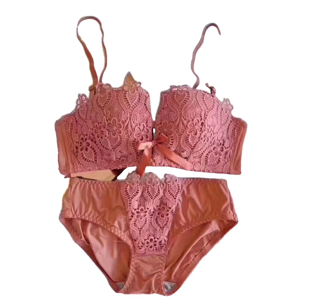 Noir NW IN-A03 adjustable lace bralette and brief set, pink, on white