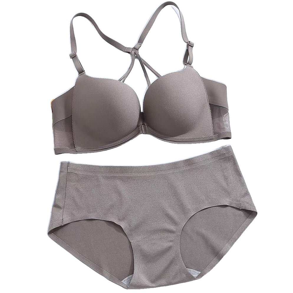 Rouge NW IN-A11 bow-back lace bralette and brief set, coffee taupe, on white