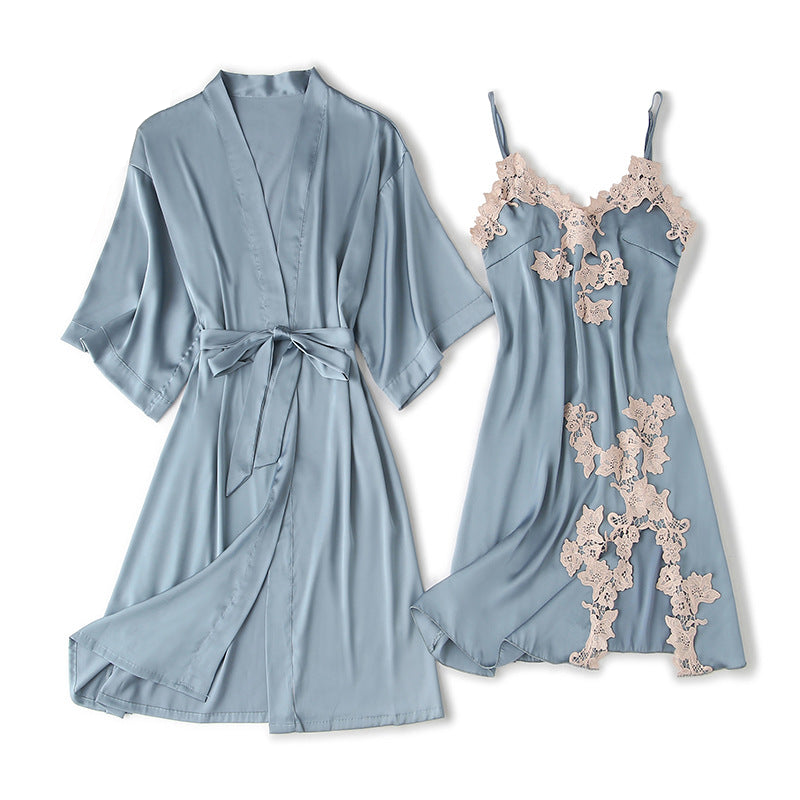 Muse NW IN-C06 satin and lace two-piece set, blue, on white