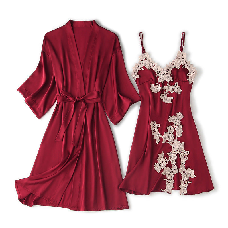 Muse NW IN-C06 satin and lace two-piece set, burgundy, on white