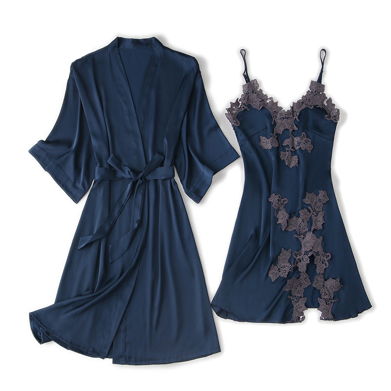 Muse NW IN-C06 satin and lace two-piece set, navy, on white