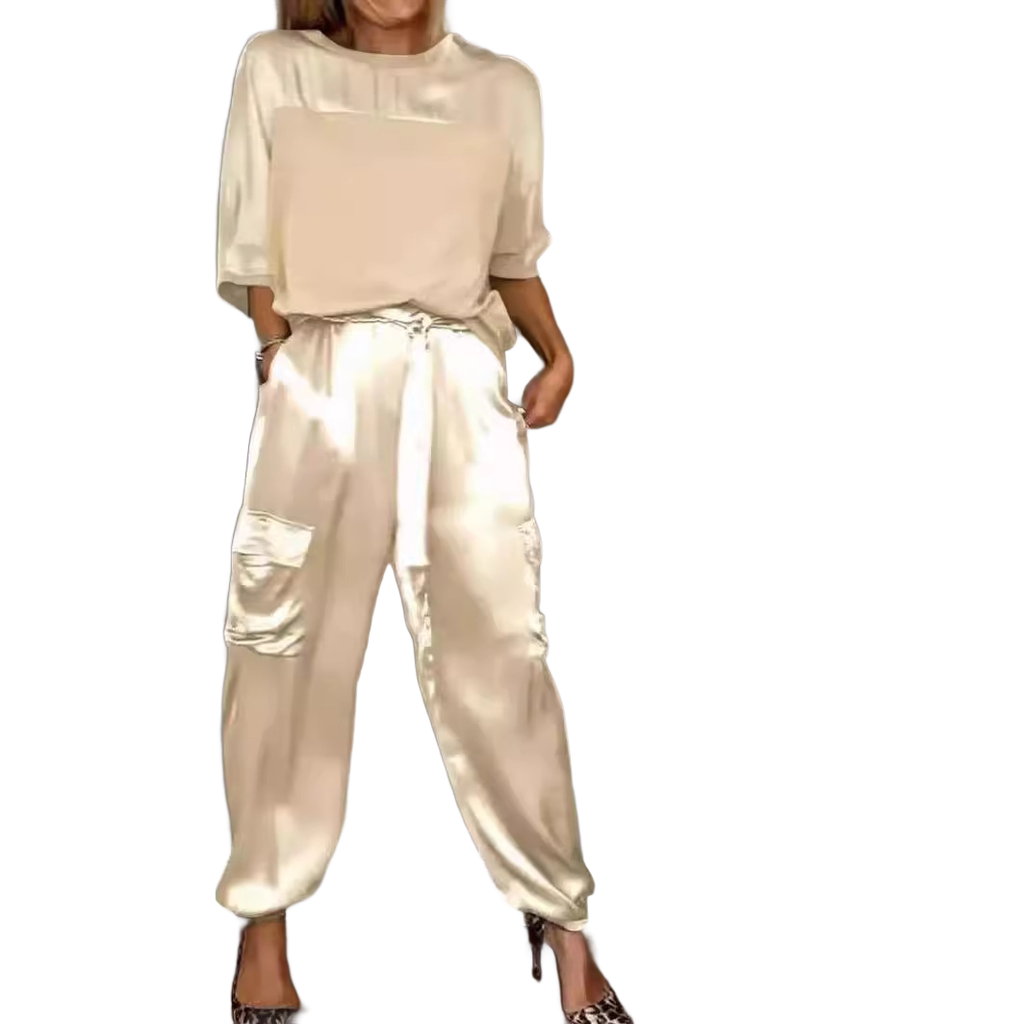 Noir NW IN-C12 satin two-piece set, apricot, on white