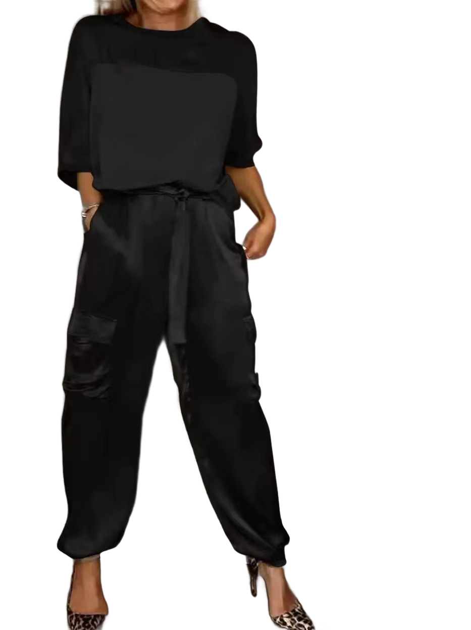 Noir NW IN-C12 satin two-piece set, black, on white